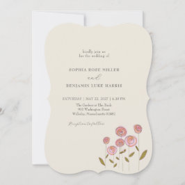 Invitación Boda QR Flores Rosadas Caprichosas Dibujadas a Man