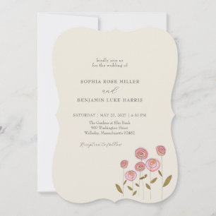 Invitación Boda QR Flores Rosadas Caprichosas Dibujadas a Man