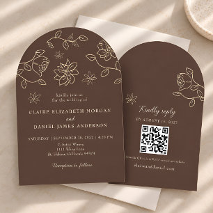 Invitación Boda QR marrón chocolate floral dibujada a mano