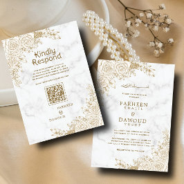 Invitación Boda QR musulmán islámico floral de mármol blanco