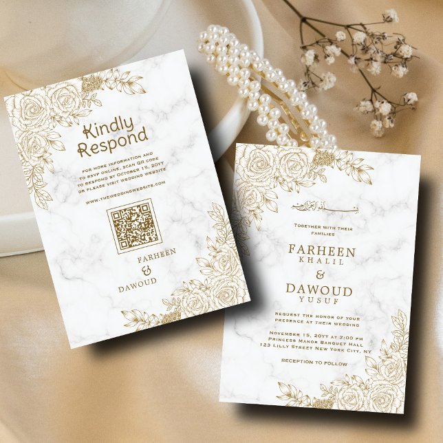 Invitación Boda QR musulmán islámico floral de mármol blanco (Subido por el creador)
