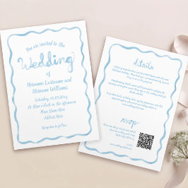 Invitación Boda QR QR RSVP Azul con la mano ondulada