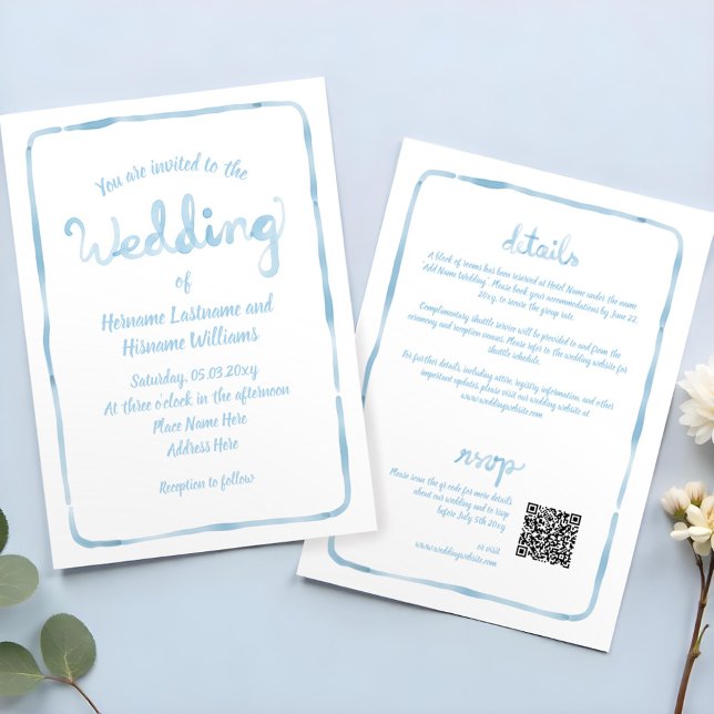 Invitación Boda QR RSVP Azul dibujado de una sola mano (Subido por el creador)