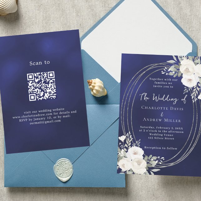 Invitación Boda QR RSVP de florines blancos de plata azul mar (Subido por el creador)
