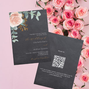Invitación boda QR RSVP de pizarra floral de oro Rosa