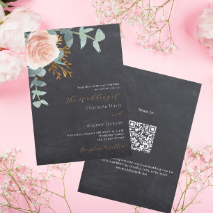 Invitación boda QR RSVP de pizarra floral de oro Rosa