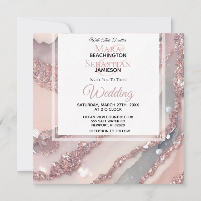 Invitación *~* Boda QR Silver RUBOR PINK AGATE AR66 RSVP (Anverso)