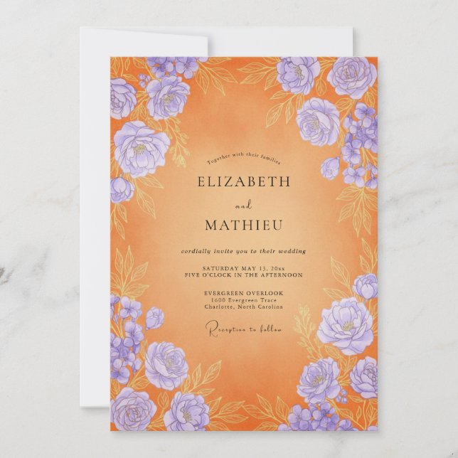 Invitación Boda Radiante de Atardecer Naranja (Anverso)