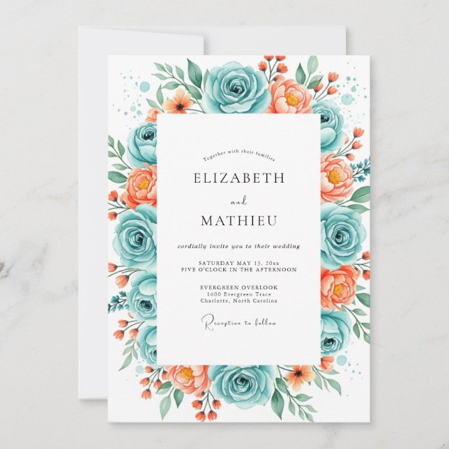 Invitación Boda radiante de coral turquesa en primavera (Anverso)