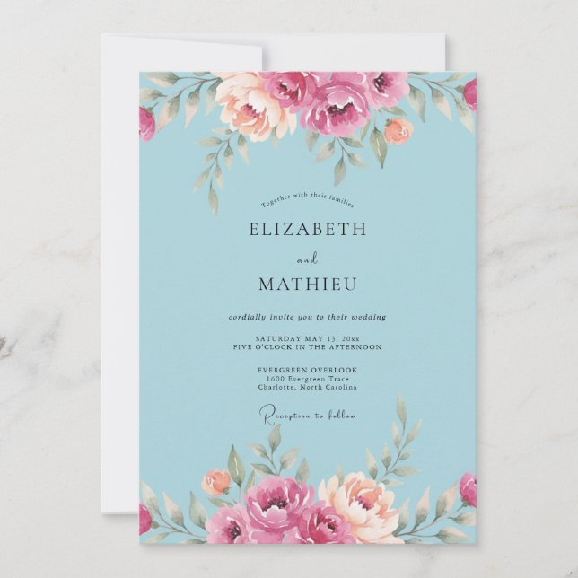 Invitación Boda Radiante de Primavera Azul Cielo (Anverso)
