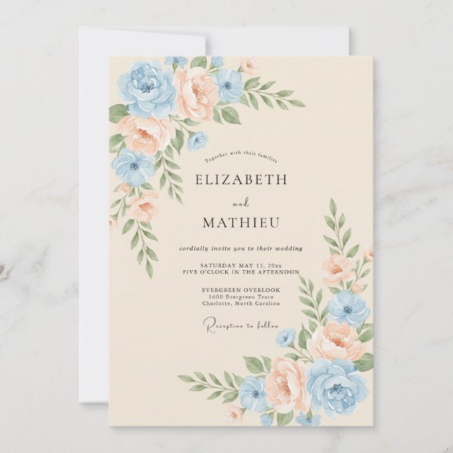 Invitación Boda radiante de primavera en azul pastel (Anverso)