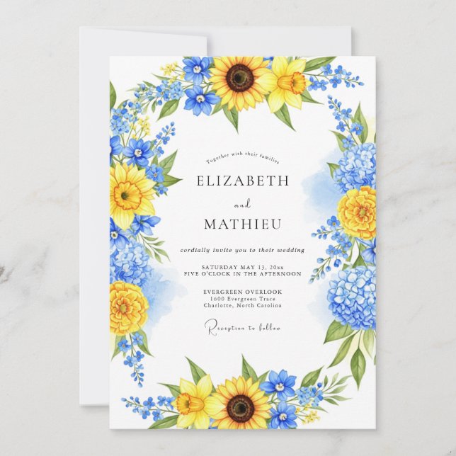Invitación Boda Radiante de Verano Azul Amarillo (Anverso)
