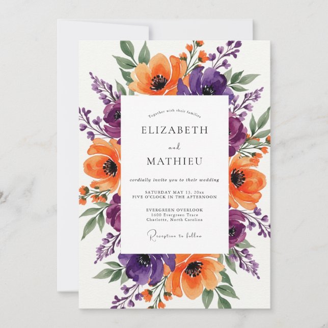 Invitación Boda Radiante de Verano Violeta Mandarina (Anverso)