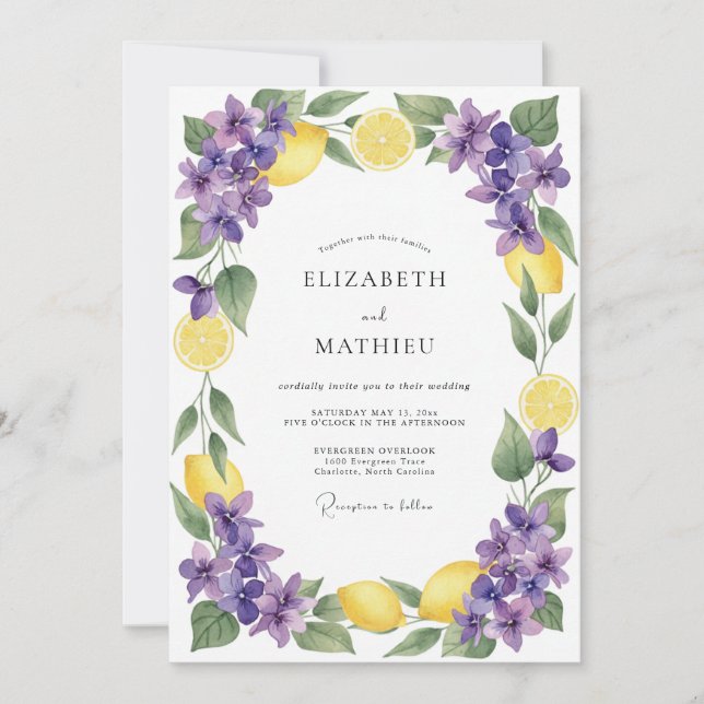 Invitación Boda Radiante de Violeta Amarillo y Cítrico (Anverso)