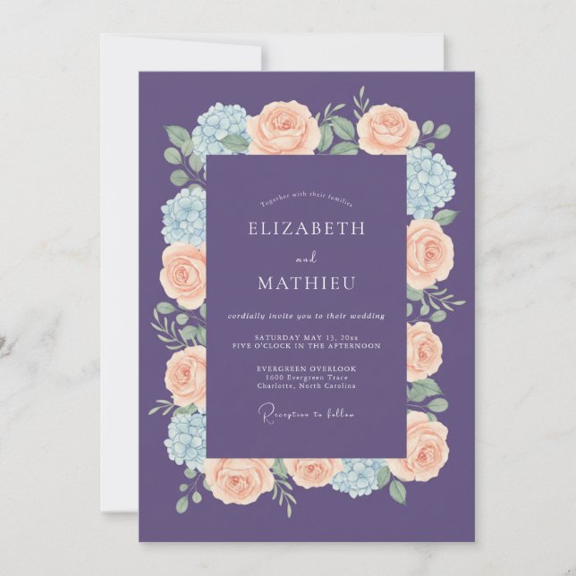 Invitación Boda Radiante de Violeta Melocotón en Primavera (Anverso)