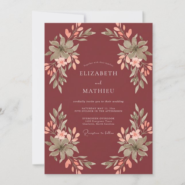 Invitación Boda Ramo Pintado de Borgoña (Anverso)