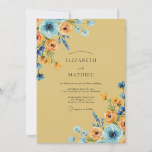 Invitación Boda Ranúnculo Azul Ocra Polvo Eucalipto