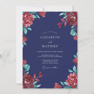 Invitación Boda Ranúnculo Carmesí Índigo Polvo Eucalipto