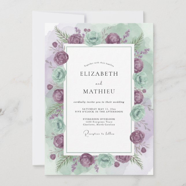 Invitación Boda Ranúnculo Eucalipto Celadón Malva (Anverso)