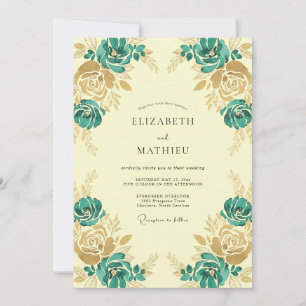 Invitación Boda Ranúnculo Eucalipto Dorado Verde Teal
