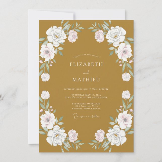 Invitación Boda Ranunculus Eucalipto Blanco Ocra (Anverso)