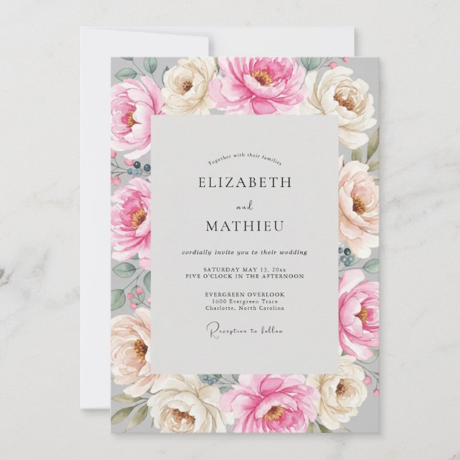 Invitación Boda Ranunculus Eucalipto Champagne Rosado (Anverso)