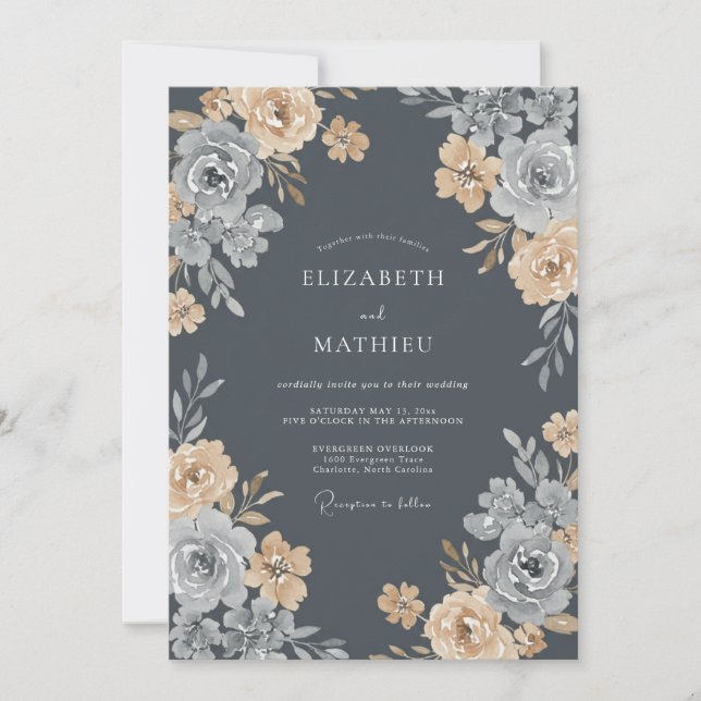 Invitación Boda Ranunculus Eucalipto Champán Carbón (Anverso)