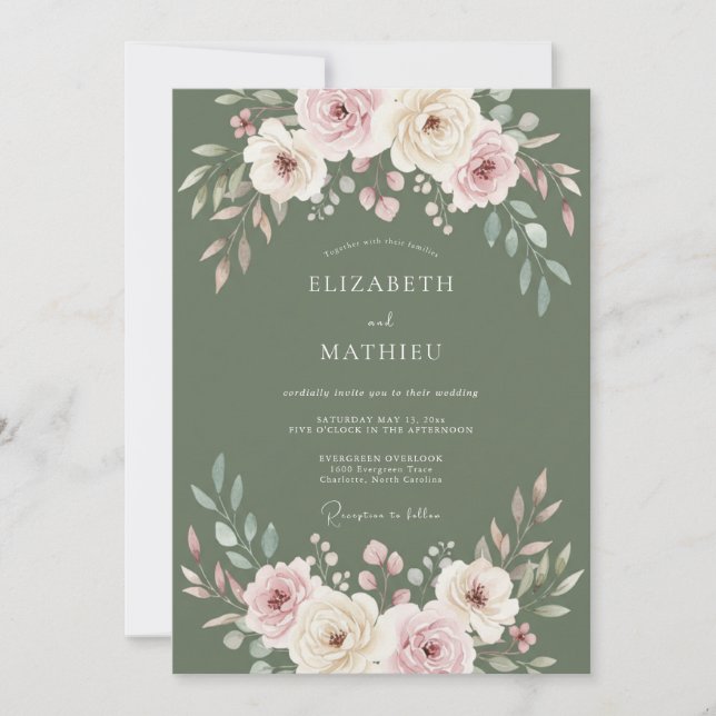 Invitación Boda Ranunculus Eucalipto Tono Suave Oliva (Anverso)