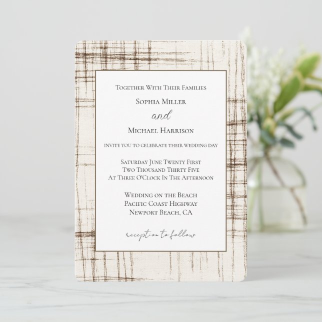 Invitación Boda Rayas Abstractas Marrón Crema (Anverso de pie)