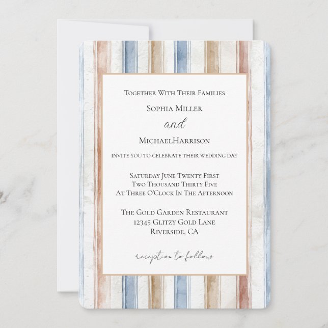 Invitación Boda Rayas Azul Crema Marrón Bonito (Anverso)