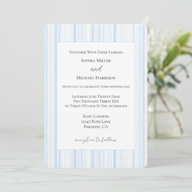 Invitación Boda Rayas Blancas Azul Claro (Anverso de pie)