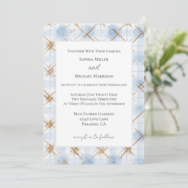 Invitación Boda Rayas Blancas Azules Doradas (Anverso de pie)
