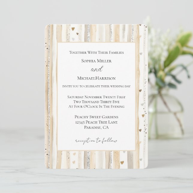 Invitación Boda Rayas Corazones Blanco Crema (Anverso de pie)