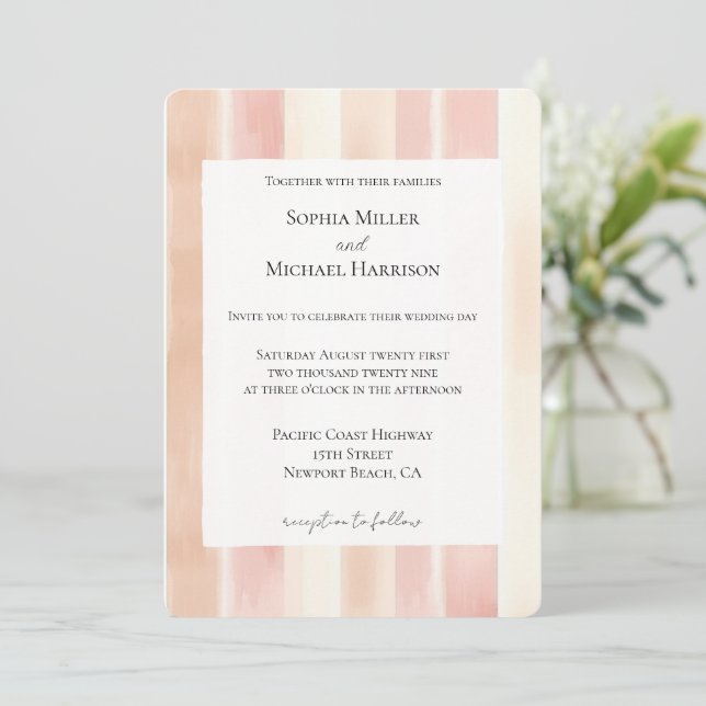 Invitación Boda Rayas de Crema Rosa Melocotón (Anverso de pie)