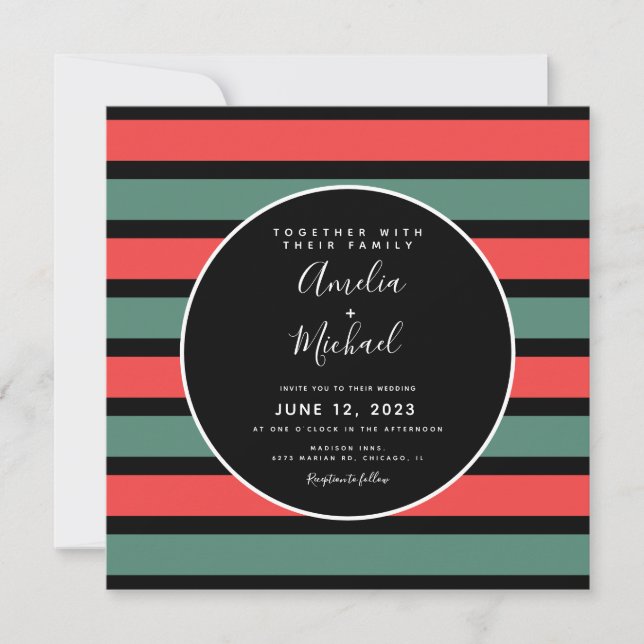 Invitación Boda Rayas de Navidad Verde Rojo Negro (Anverso)