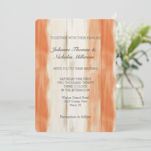 Invitación Boda Rayas Naranja Melocotón Crema (Anverso de pie)