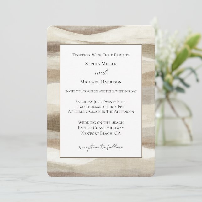 Invitación Boda Rayas Onduladas Marrón Crema (Anverso de pie)