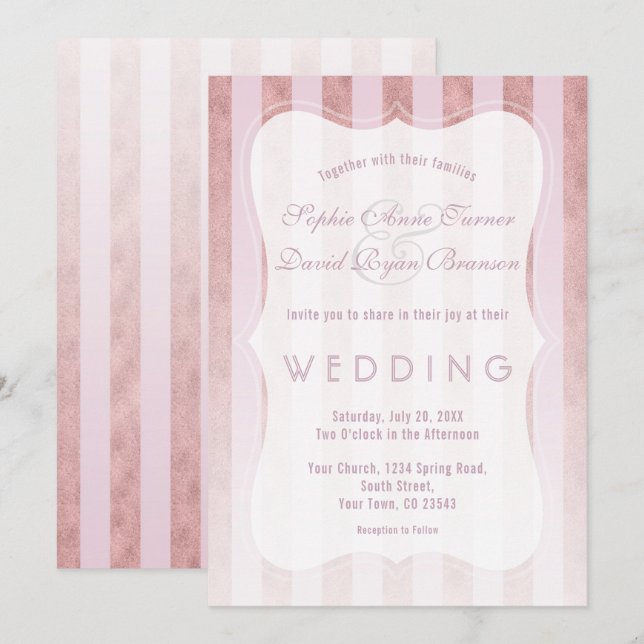Invitación Boda Rayas Rosa Dorado Caprichosas (Anverso / Reverso)