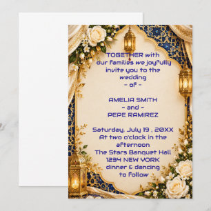 Invitación Boda Real Azul Árabe con Arco y Linternas
