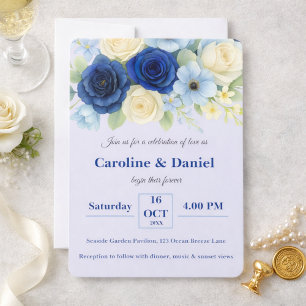 Invitación Boda Real Azul Marino con Flores de Marfil en Acua