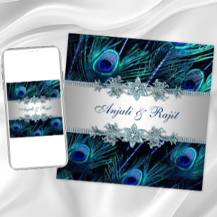 Invitación Boda Real Azul Plateado Pavo Real Indio