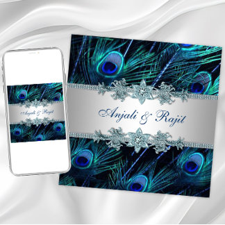 Invitación Boda Real Azul Plateado Pavo Real Indio