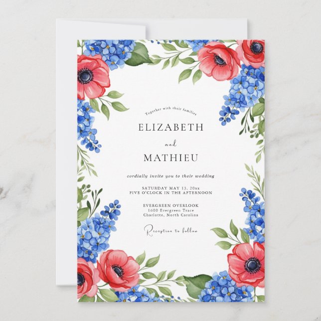 Invitación Boda Real Azul Roja de Verano Grandioso (Anverso)
