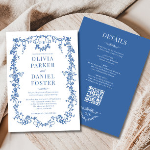 Invitación Boda Real Azul Todo en Uno Código QR Victoriano