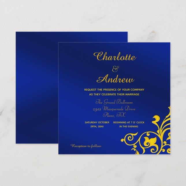 Invitación Boda Real Azul y Oro (Anverso / Reverso)