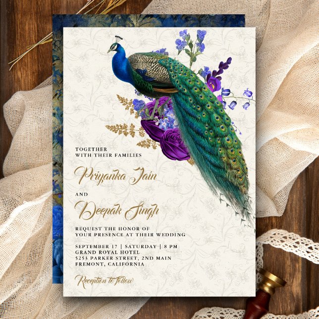 Invitación Boda Real Blue Purple Floral Indian Peacock (Subido por el creador)