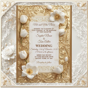 Invitación Boda Real Chic Tulipán Blanco Ornamentado Dorado V