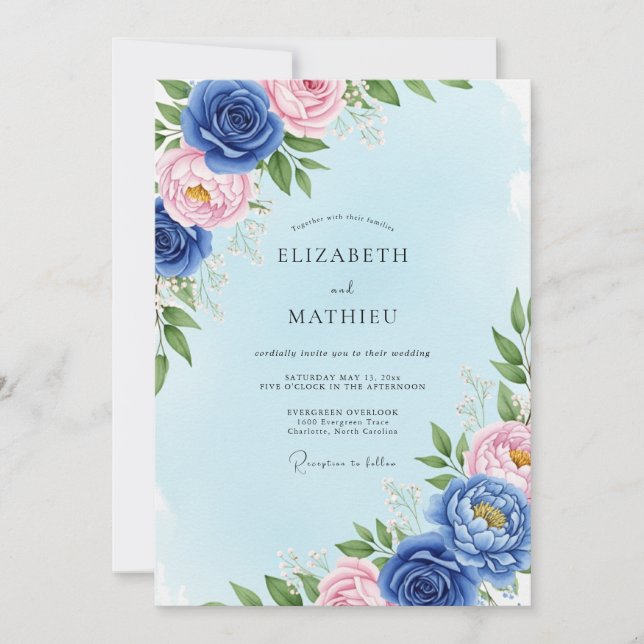 Invitación Boda Real de Azul Delicado en Primavera (Anverso)