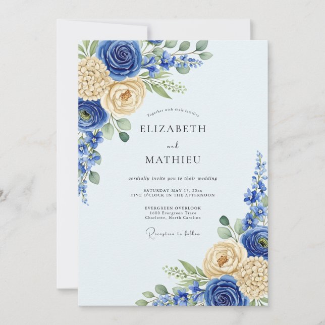 Invitación Boda Real de Azul Floreciente en Primavera (Anverso)