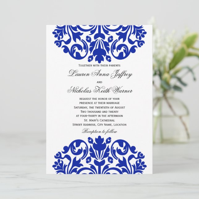 Invitación Boda real de damasco azul (Anverso de pie)